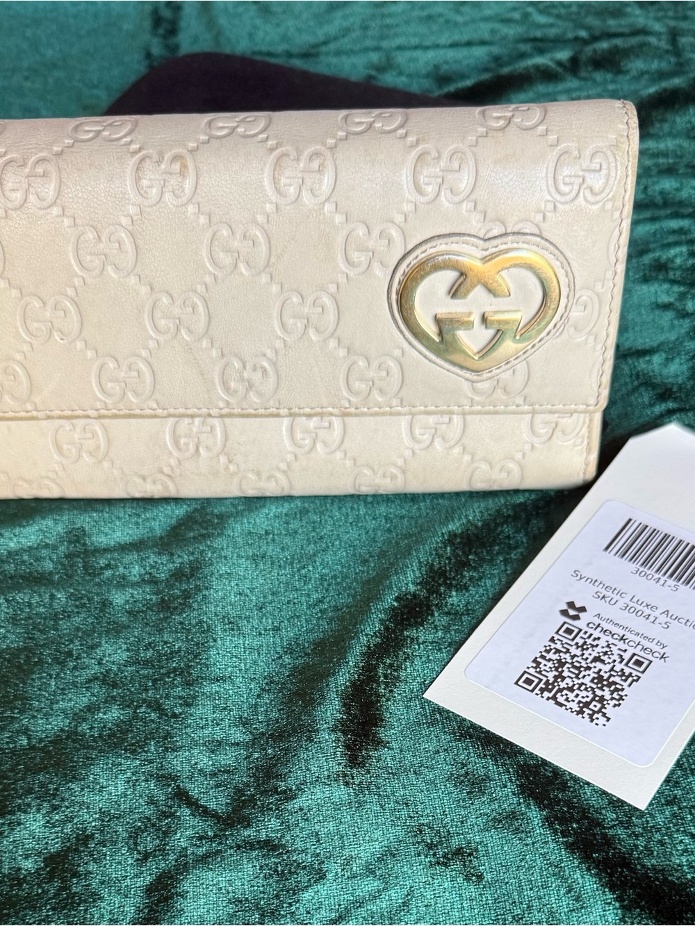 Gucci Ivory GG Heart Logo Continental Wallet with Gold Accent